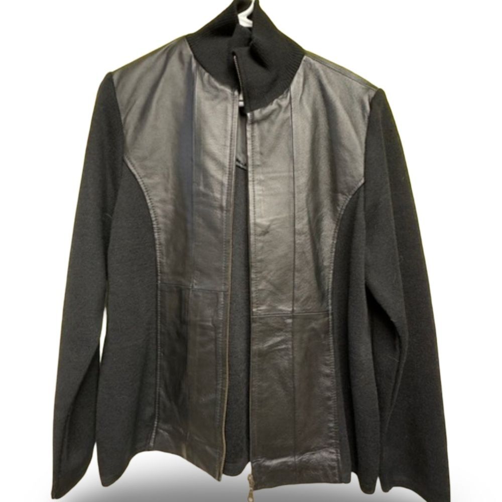 Coldwater Creek Black Leather Jacket Zip Front Moto Style Womens Large